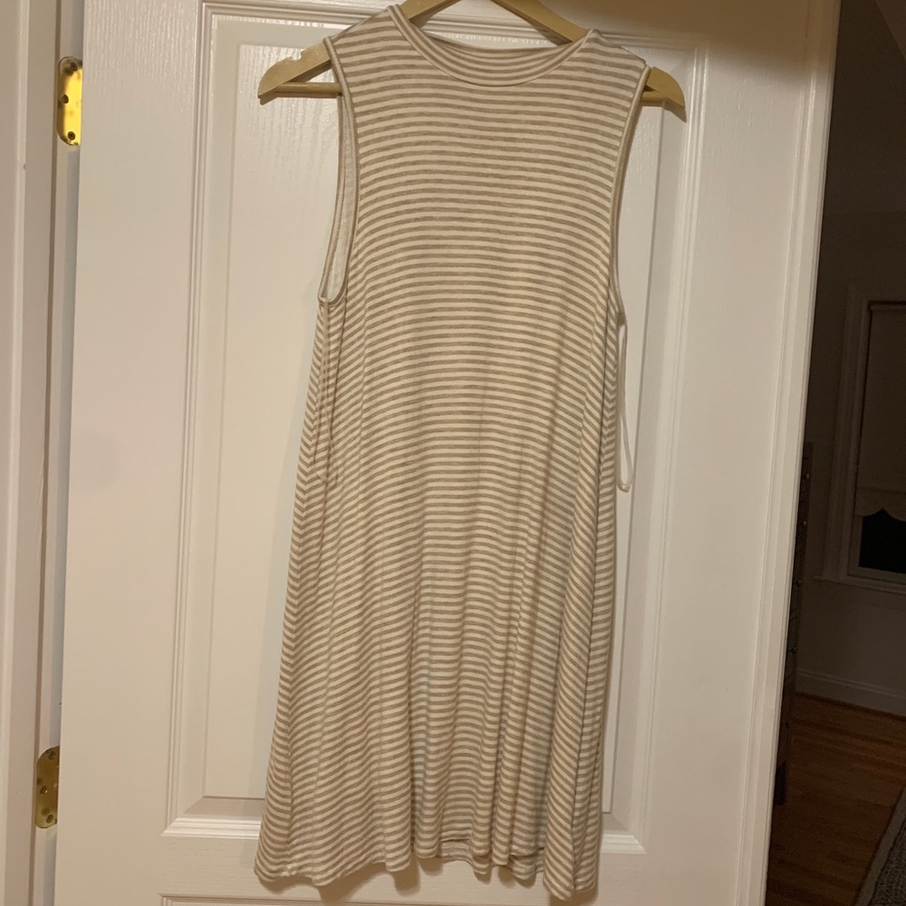 Alya high neck tan and white striped tshirt dress